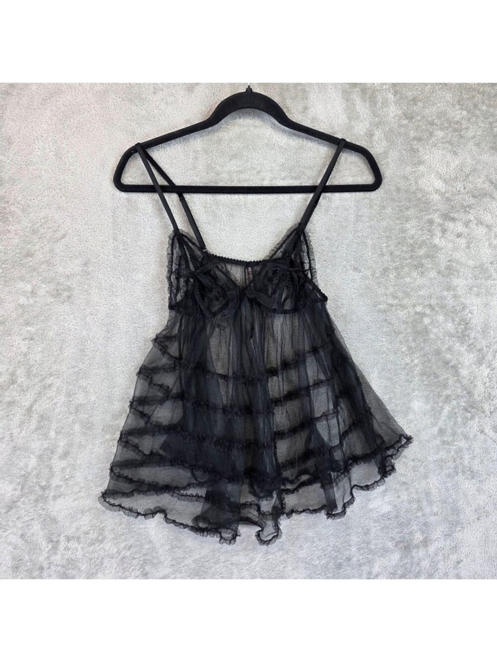 Victoria's Secret Babydoll Gown Womens L Black Sheer Mesh Ruffle Bow Lingerie